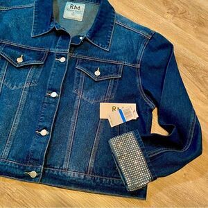 REBECCA MINKOFF DARK WASH DENIM JACKET WITH RHINESTONE EMBELLISHED CUFFS XL NWT